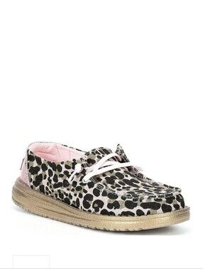 Hey Dude Wendy Youth Leo Nut Slip-on Shoes Featuring Leopard Print Canvas